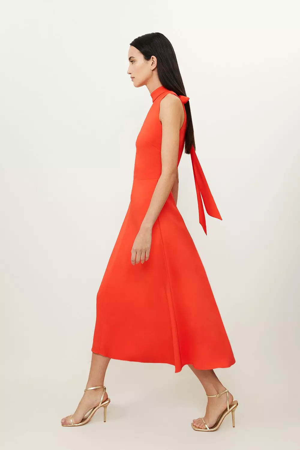 Petite Compact Stretch Viscose Tailored High Neck Tie Detail Midi Dress |  Karen Millen